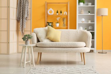 Beyaz kanepe ve yastıklı modern oturma odası.