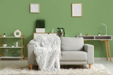 Gri rahat kanepe, ekose ve halısı olan bir oturma odası.