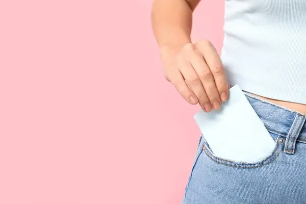 Young Woman Menstrual Pad Pocket Pink Background Closeup — Stock Photo, Image