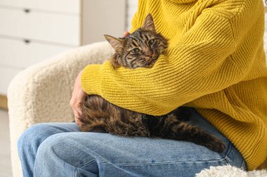 Evdeki kanepede oturan sevimli kedili kadın.