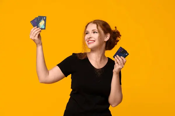 Beautiful Young Woman Credit Cards Yellow Background — Stock Photo, Image