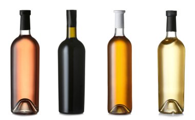 Beyaz arka planda şarap şişeleri kolajı