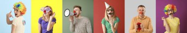 Renkli arka planda kılık değiştirmiş komik insanların kolajı. 1 Nisan 'da