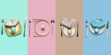 Set of beautiful table settings for Easter dinner on color background, top view