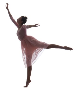 Beyaz arka planda dans eden genç balerin silueti.