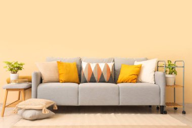 Yastıklı, kitaplı ve bej duvarlı şık gri kanepe.