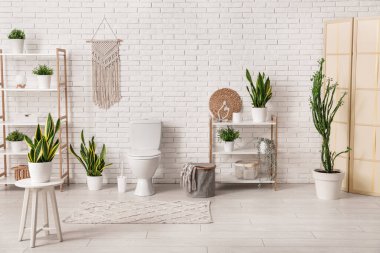 İçinde seramik klozet ve bitkiler olan hafif bir banyo.