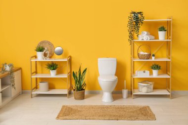 Ev bitkileri ve turuncu duvarın yanında seramik klozeti olan şık bir banyo.