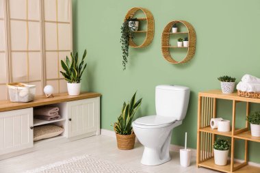 Yeşil duvarın yanında seramik klozeti olan şık bir banyo.