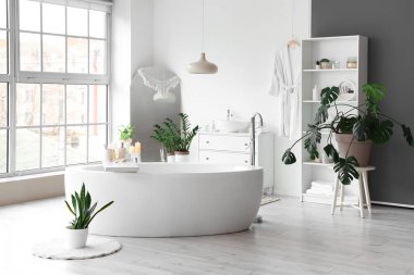 Banyoda panoramik pencereli küvet ve bitkiler.