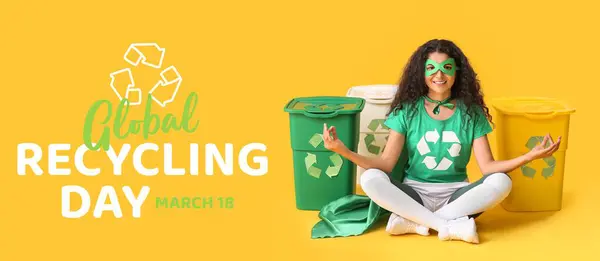 Banner for Global Recycling Day with woman dressed as eco superhero with trash bins
