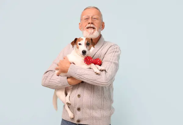 Senior man with cute dog and toy on light blue background