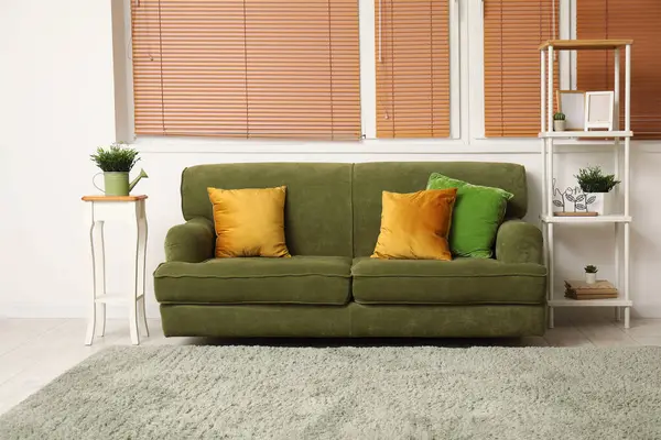 Interieur Eines Schönen Wohnzimmers Mit Zimmerpflanze Regalen Kissen Und Sofa — Stockfoto