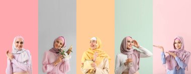 Renkli arka planda bir grup genç Müslüman kadın