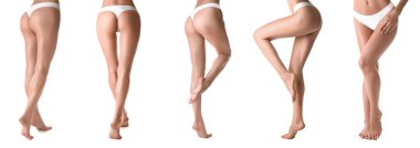 Uzun bacaklı, beyaz arka planlı genç kadın kolajı.