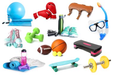 Beyaz arka planda spor ekipmanları kolajı