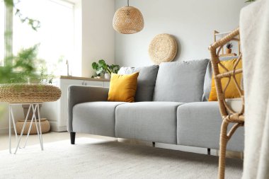 Işıl ışıl oturma odasının içi rahat gri kanepe, sandalye ve çiçeklerle dolu.