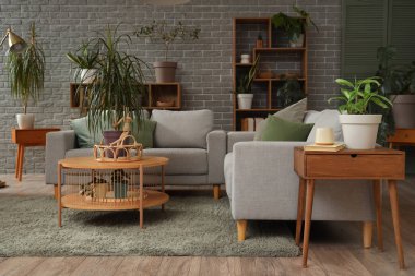 Oturma odasının içinde bitkiler, kanepeler ve masalar.