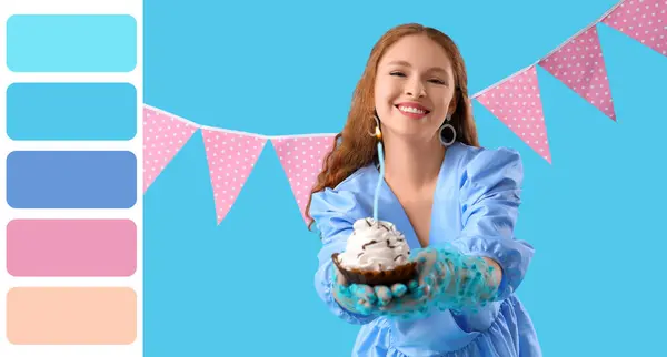 Happy woman with birthday cupcake on blue background. Different color patterns