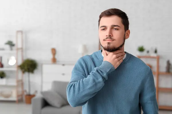 Young Man Thyroid Gland Problem Home — Stock Photo, Image