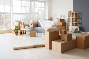 Taşındığı gün oturma odasında masa ve karton kutular olan kanepe