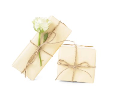 Beyaz arka planda güzel güller olan hediye kutuları. Uluslararası Kadınlar Günü