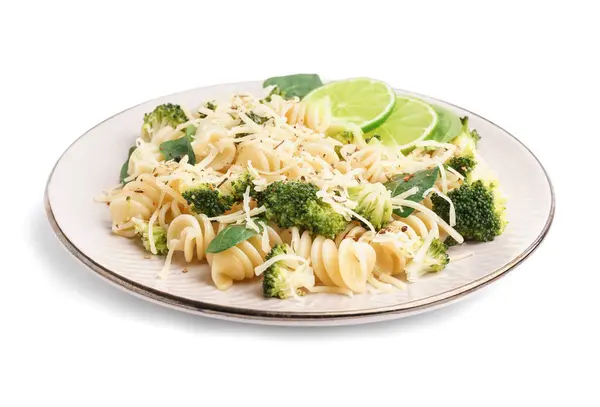 Delicious Fusilli Pasta Broccoli Cheese Lime Slices Plate White Background — Stock Photo, Image