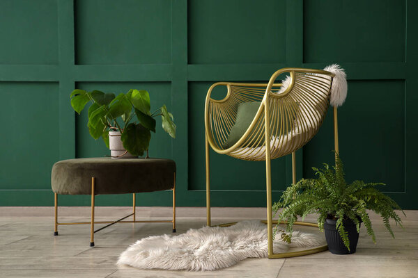Interior of living room with armchair, cushion and houseplants near green wall
