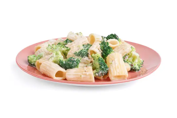 Plate Tasty Pasta Broccoli White Background — Stock Photo, Image