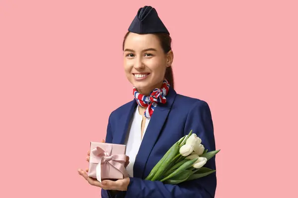 Young Stewardess White Tulips Gift Box Pink Background Women Day — Stock Photo, Image