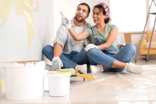 Beautiful Young Happy Couple Doing Repair New House — Stock Photo, Image