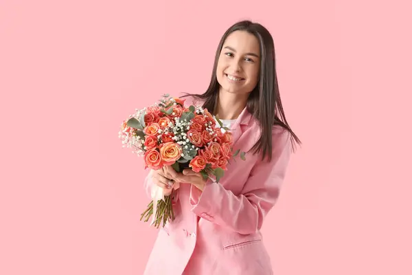Young Woman Bouquet Beautiful Flowers Pink Background — Stock Photo, Image