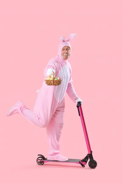 Senior Man Bunny Costume Easter Eggs Wicker Basket Riding Kick — Stock Photo, Image