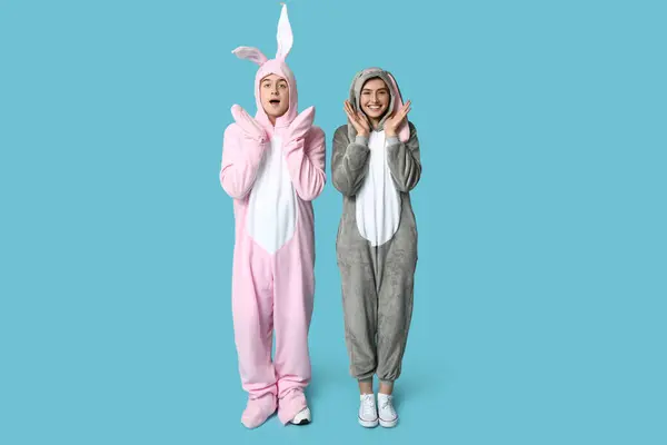 Beautiful Young Couple Bunny Costume Blue Background Easter Celebration — Stock Photo, Image
