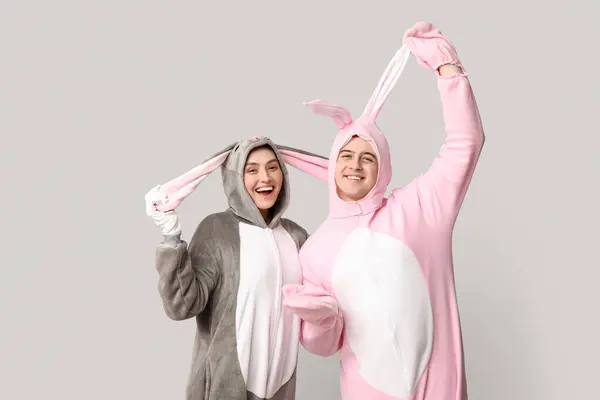 Beautiful Young Couple Bunny Costume Grey Background Easter Celebration — Stock Photo, Image