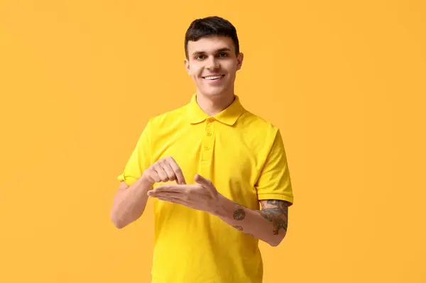 Young Deaf Mute Man Using Sign Language Yellow Background — Stock Photo, Image