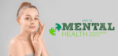 Gri arka planda güzel bir genç kadın. Akıl Sağlığı Farkındalığı Ayı Afişi