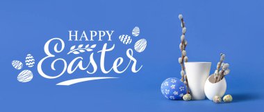 Festive banner for Happy Easter with painted eggs and pussy willow branches