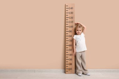 Bej duvarın yanında boyunu ölçen sevimli küçük bir kız.