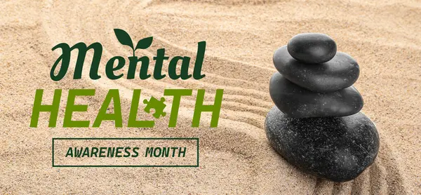 stock image Stack of stones on sand with lines. Banner for Mental Health Awareness Month