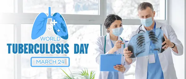 stock image Banner with doctors studying x-ray image of lungs and text WORLD TUBERCULOSIS DAY