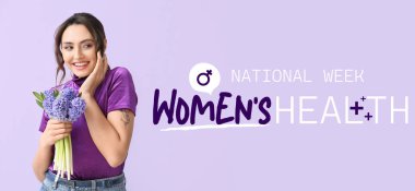 Pretty young woman with hyacinth flowers on lilac background. Banner for National Women's Health Week clipart