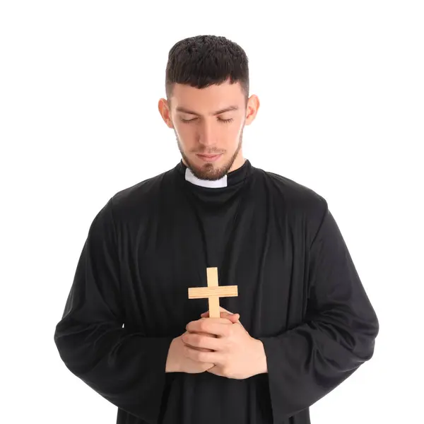 Young Priest Cross White Background — Stock Photo, Image