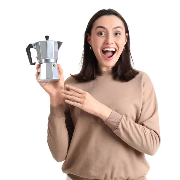 Pretty Young Woman Geyser Coffee Maker White Background — Stock Photo, Image