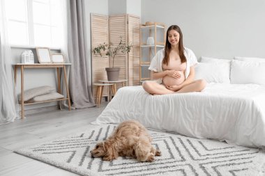 Cocker Spaniel köpeği olan hamile bir kadın yatak odasında oturuyor.