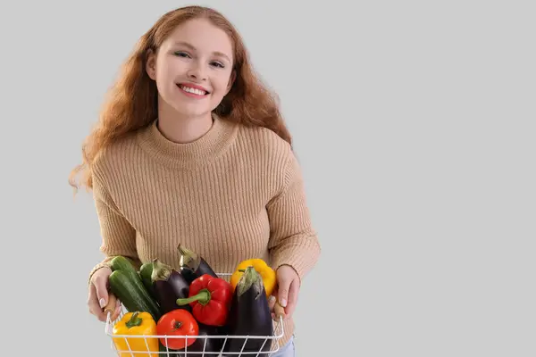 Young Woman Basket Fresh Vegetables Light Background — Stock Photo, Image