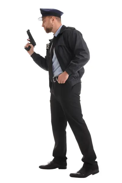 Mannelijke Politieagent Draagt Uniform Met Pistool Witte Achtergrond Stockfoto