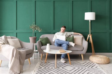 Genç adam oturma odasındaki gri koltukta dizüstü bilgisayar kullanıyor.