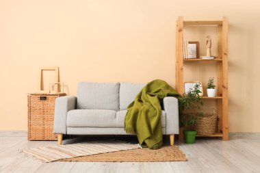 Rahat kanepesi ve yeşil ekoseli modern oturma odasının içinde.