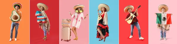 Σύνολο Χαρούμενων Μεξικάνικων Ανθρώπων Εθνικά Σύμβολα Στο Φόντο Χρώμα — Φωτογραφία Αρχείου